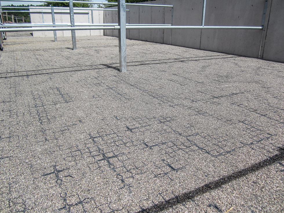 Boden bedeckt mitgrauen Kunststoffecoraster, untereinander verbunden mit Zäpfchen, bedeckt und gefüllt mit Kies in einem Aussenpferdeauslauf